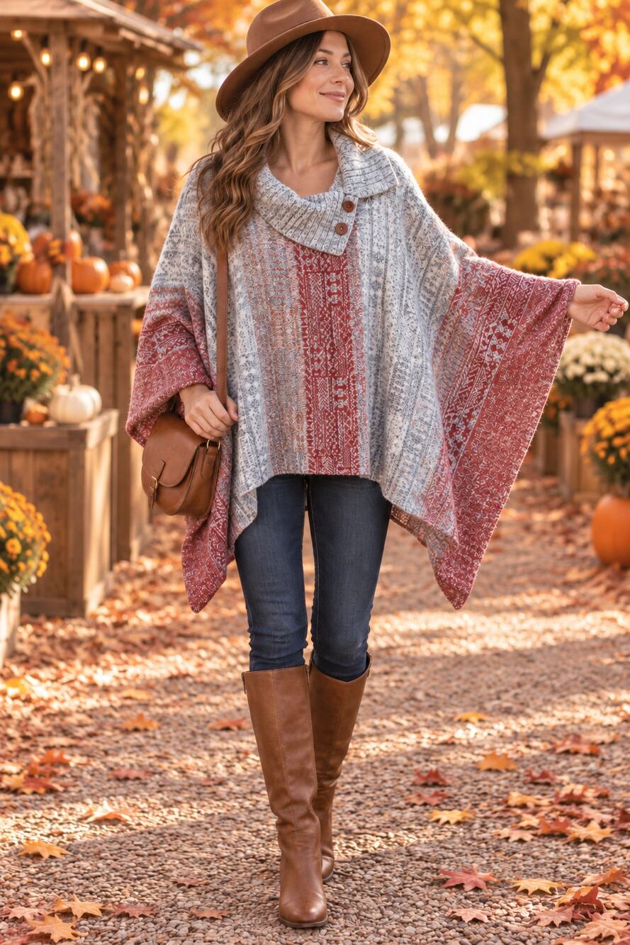 Free People Geometric Knit Poncho Sweater Large Boho Cowl Neck Oversized